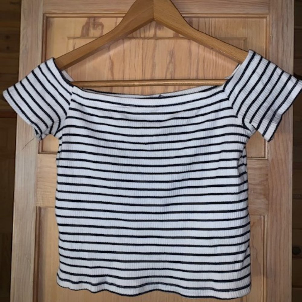 Cropped Off the Shoulder Navy Striped Top